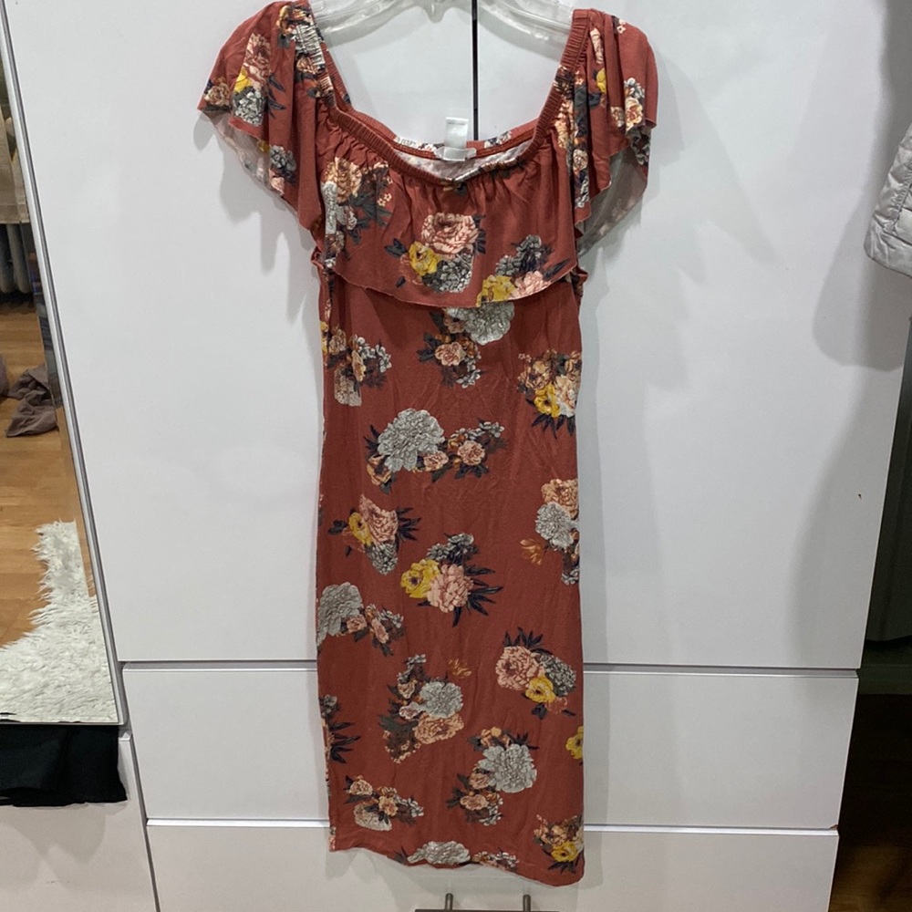 Coral floral off the shoulder midi dress